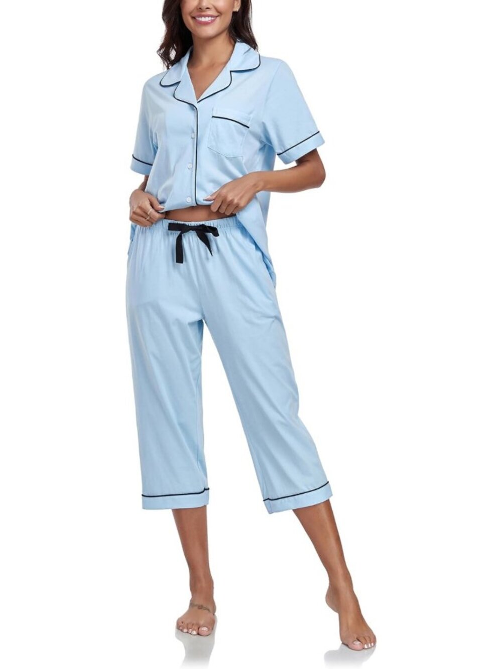 Cozy 100% Cotton Capri Pajama Set | Short Sleeve Top & 3/4 Pants with Pockets
